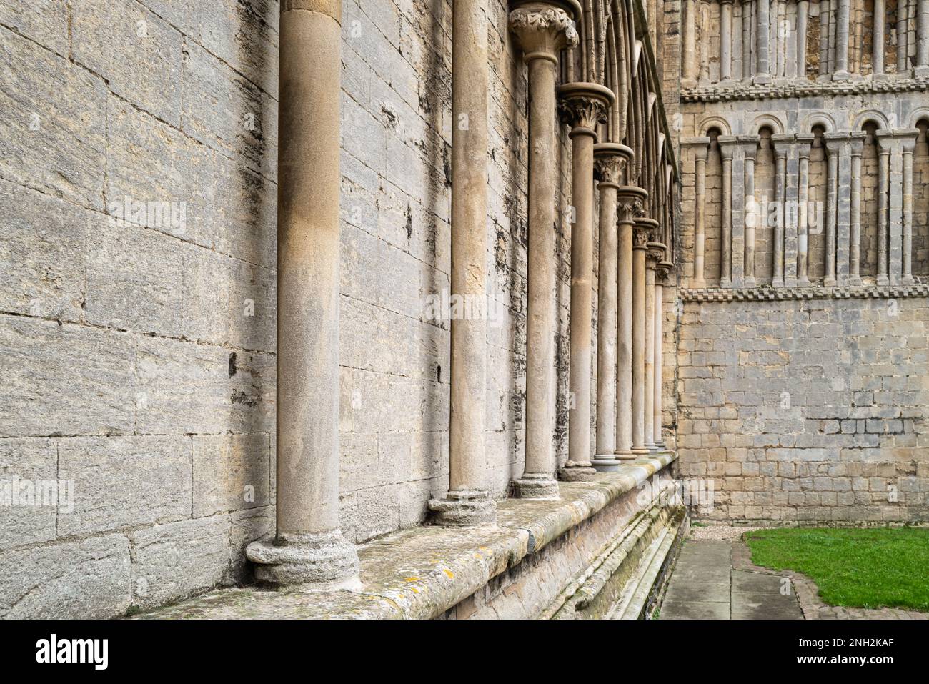 Magnificent stone work columns and outside wall features of a landmark English Cathedral. Stock Photo