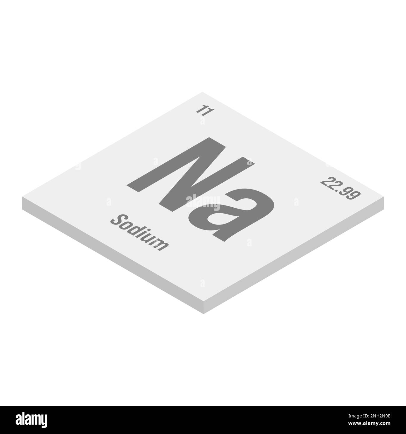 Sodium, Na, gray 3D isometric illustration of periodic table element with name, symbol, atomic number and weight. Alkali metal with various industrial uses, such as in soap, certain types of glass, and as a medication for certain medical conditions. Stock Vector