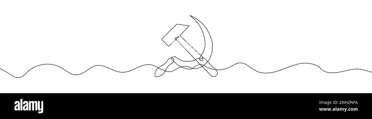 Continuous linear drawing of hammer and sickle. Single line drawing of crossed hammer and sickle. Vector illustration. Line art of political symbol Stock Vector