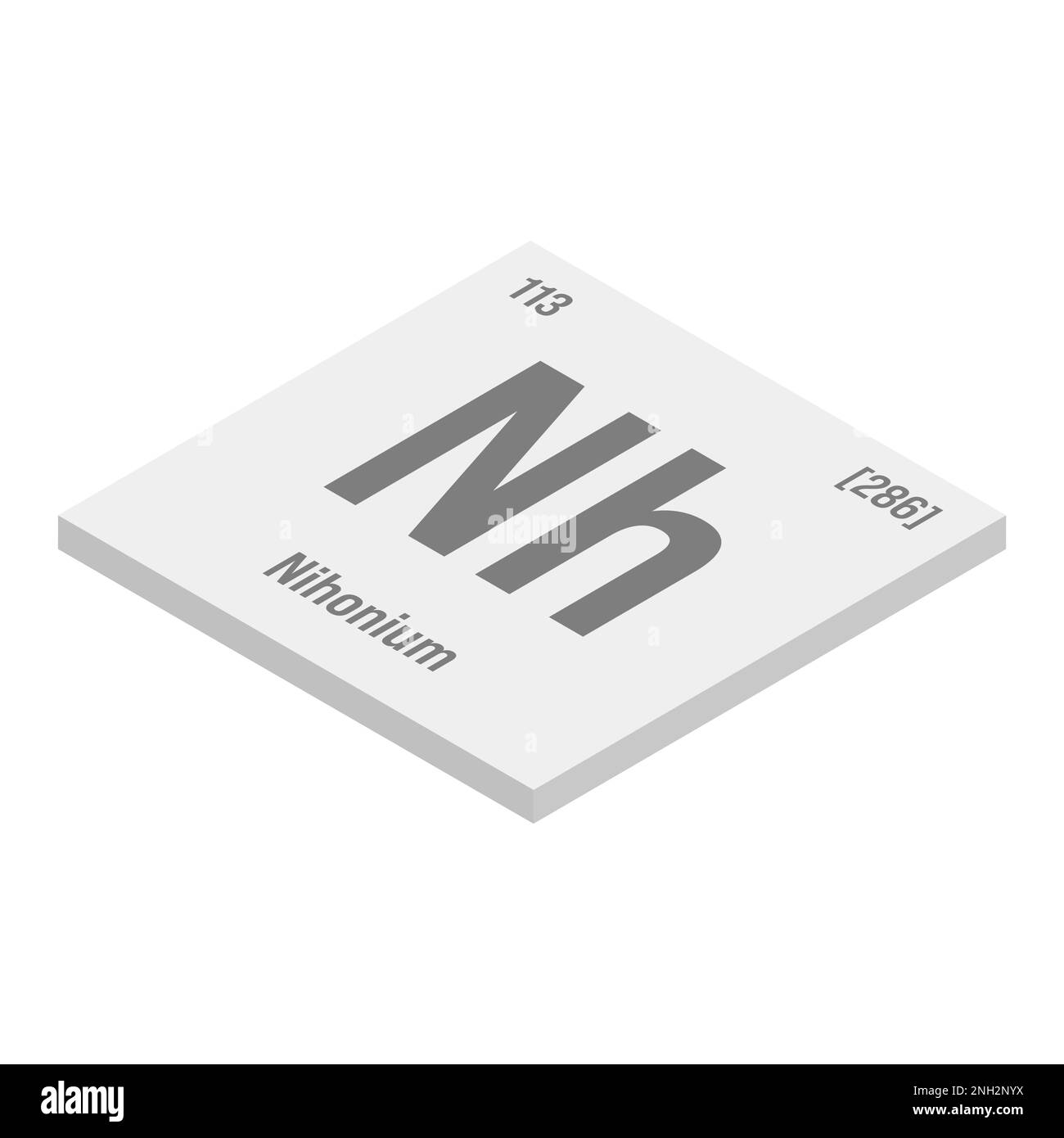 Nihonium, Nh, gray 3D isometric illustration of periodic table element with name, symbol, atomic number and weight. Synthetic element with very short half-life, created through nuclear reactions in a laboratory. Stock Vector