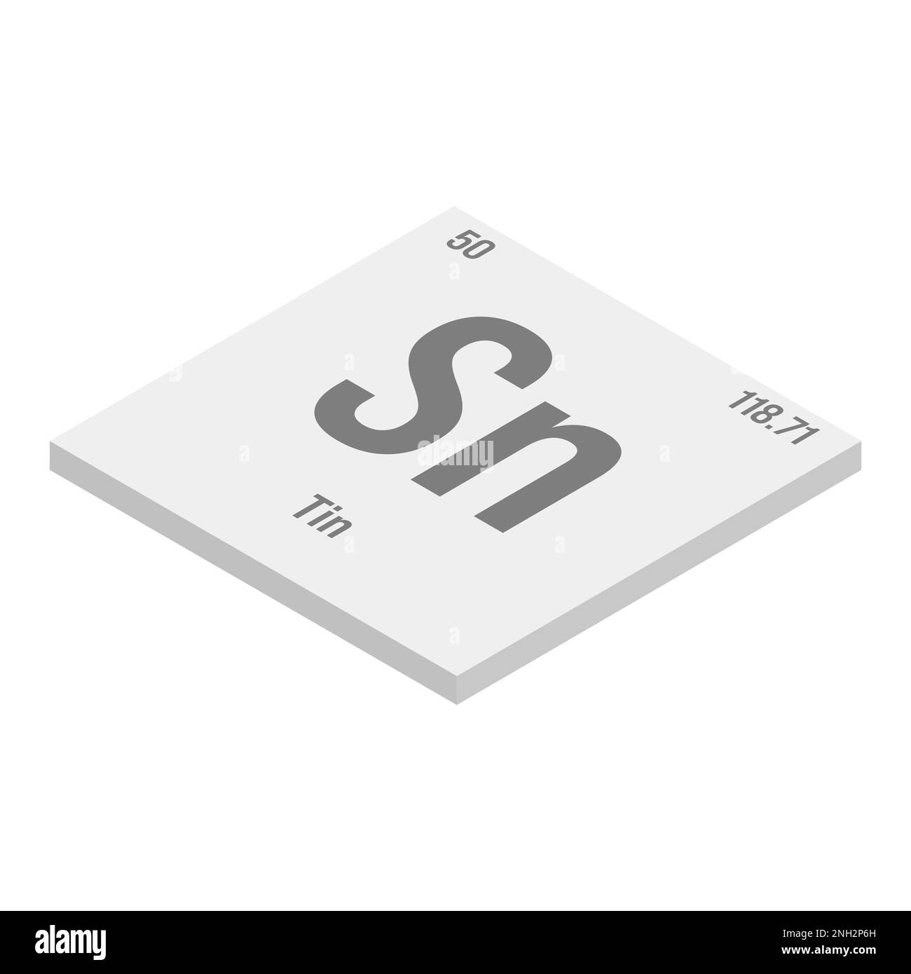 Tin, Sn, gray 3D isometric illustration of periodic table element with name, symbol, atomic
