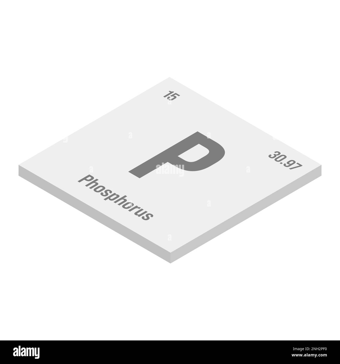 Phosphorus, P, gray 3D isometric illustration of periodic table element with name, symbol, atomic number and weight. Non-metal with various industrial uses, such as in fertilizer, detergents, and as a component of certain types of explosives. Stock Vector