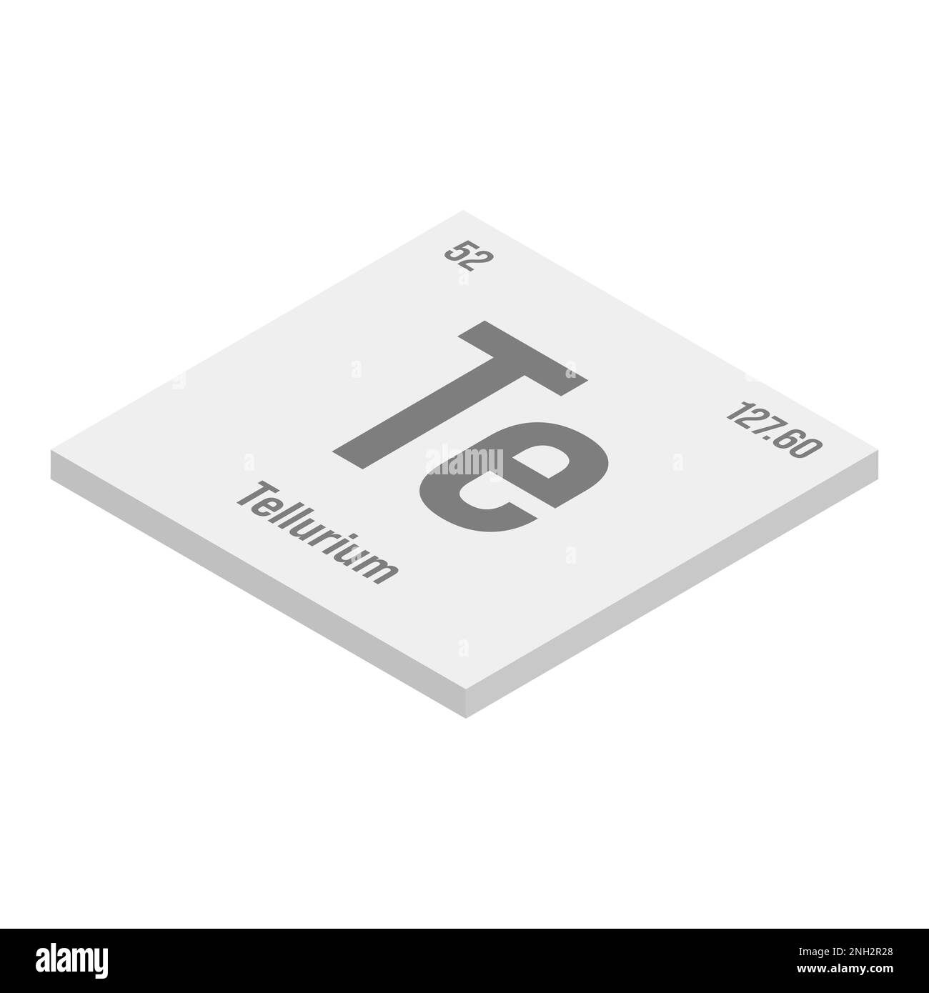 Tellurium, Te, gray 3D isometric illustration of periodic table element with name, symbol, atomic number and weight. Metalloid with various industrial uses, such as in certain types of glass, solar cells, and as a component in certain types of medication. Stock Vector