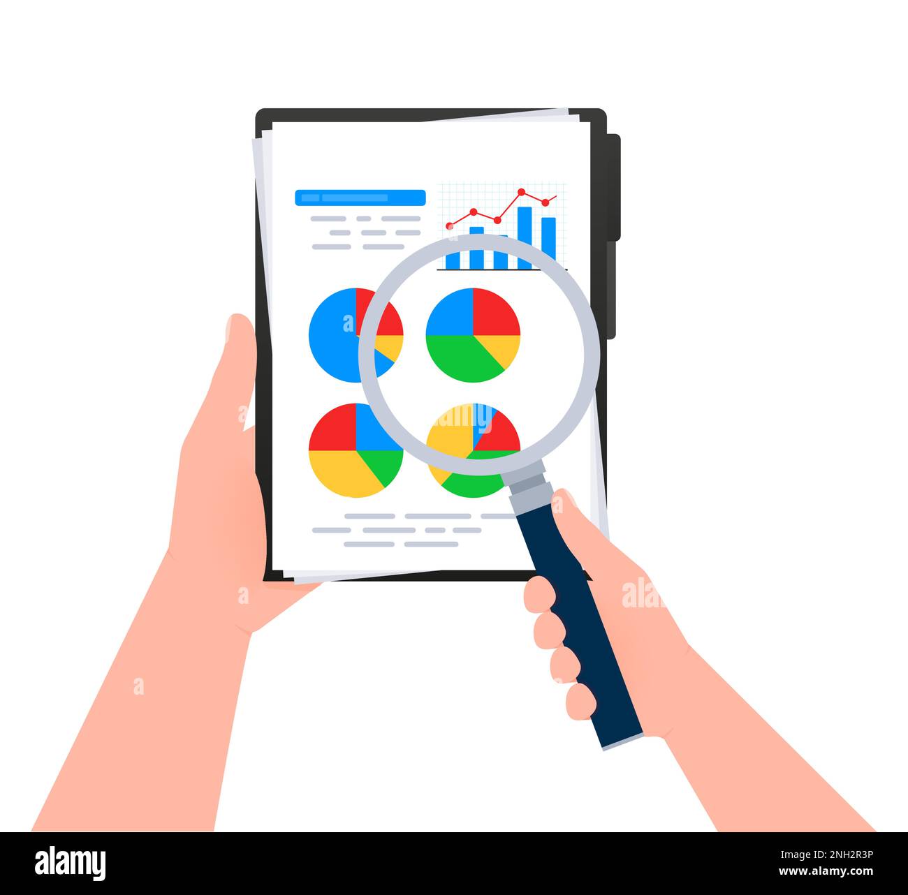 Business report document. Statistics, analytics. Hand holding a magnifying glass. Charts graphs on a paper Stock Vector