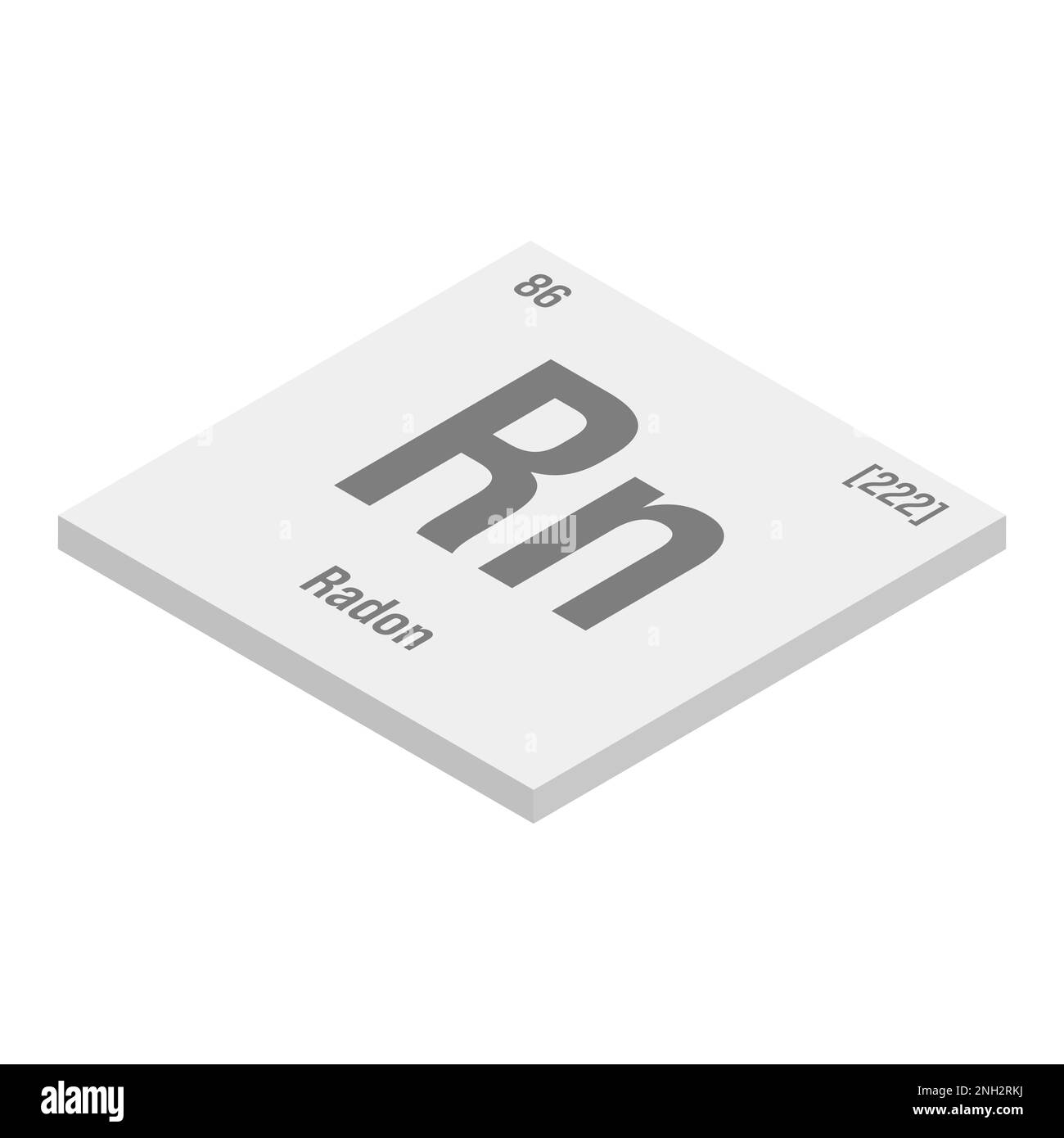 Radon, Rn, gray 3D isometric illustration of periodic table element with name, symbol, atomic number and weight. Inert gas with radioactive properties, used in scientific research and as a tracer in certain types of experiments. Stock Vector