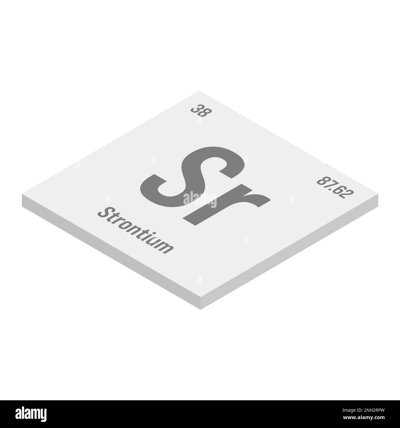 Strontium, Sr, gray 3D isometric illustration of periodic table element with name, symbol, atomic number and weight. Alkaline earth metal with various industrial uses, such as in certain types of glass, fireworks, and as a medication for certain medical conditions. Stock Vector