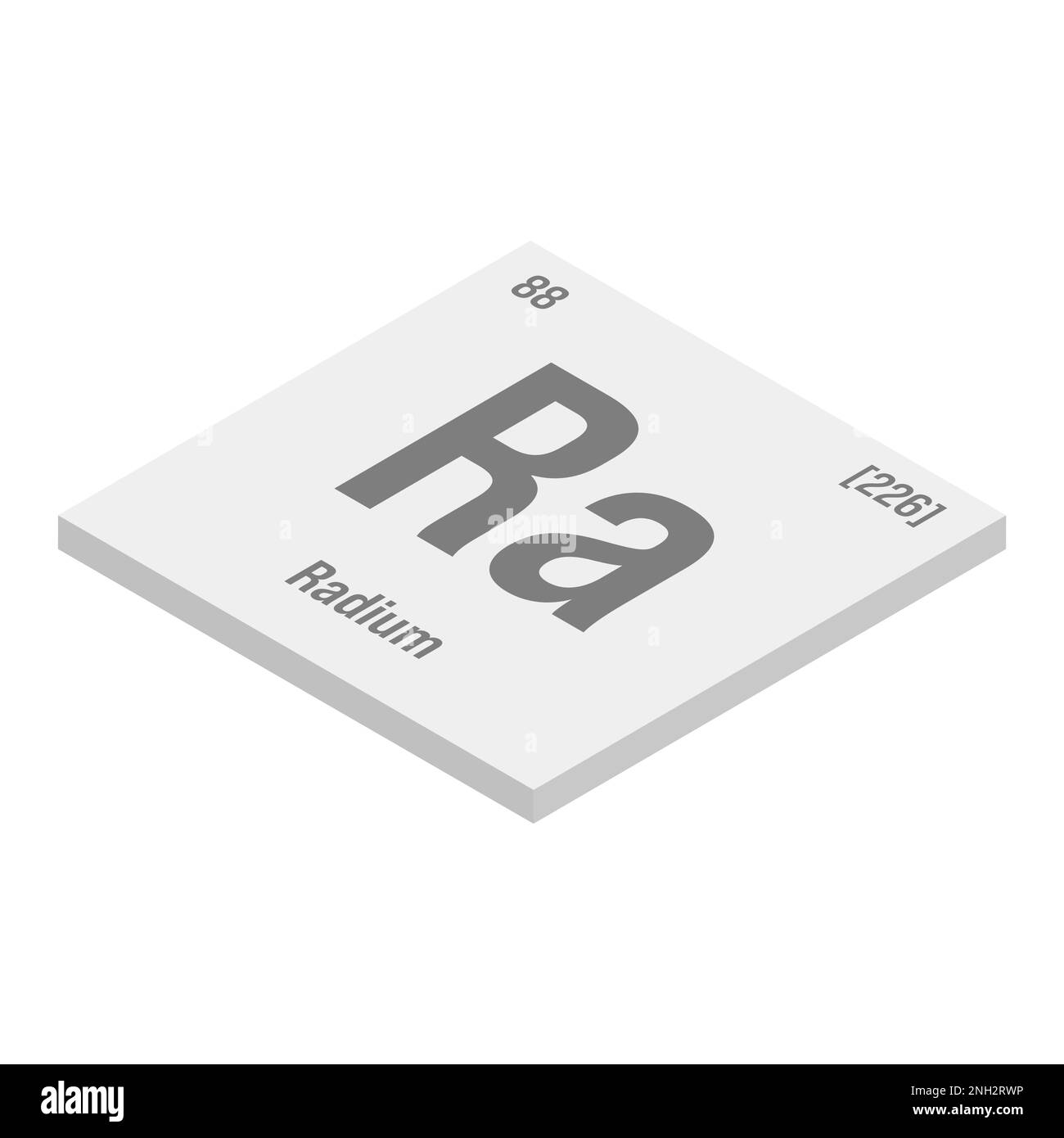 Radium, Ra, gray 3D isometric illustration of periodic table element with name, symbol, atomic number and weight. Alkaline earth metal with radioactive properties, formerly used in medical therapy and as a component of certain types of paint. Stock Vector