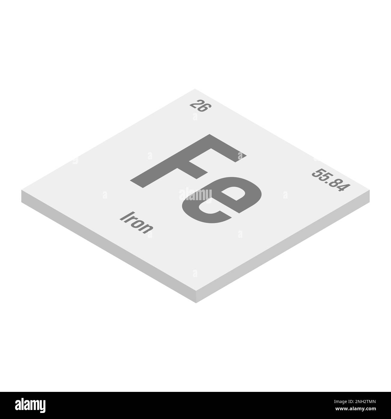 Iron, Fe, gray 3D isometric illustration of periodic table element with