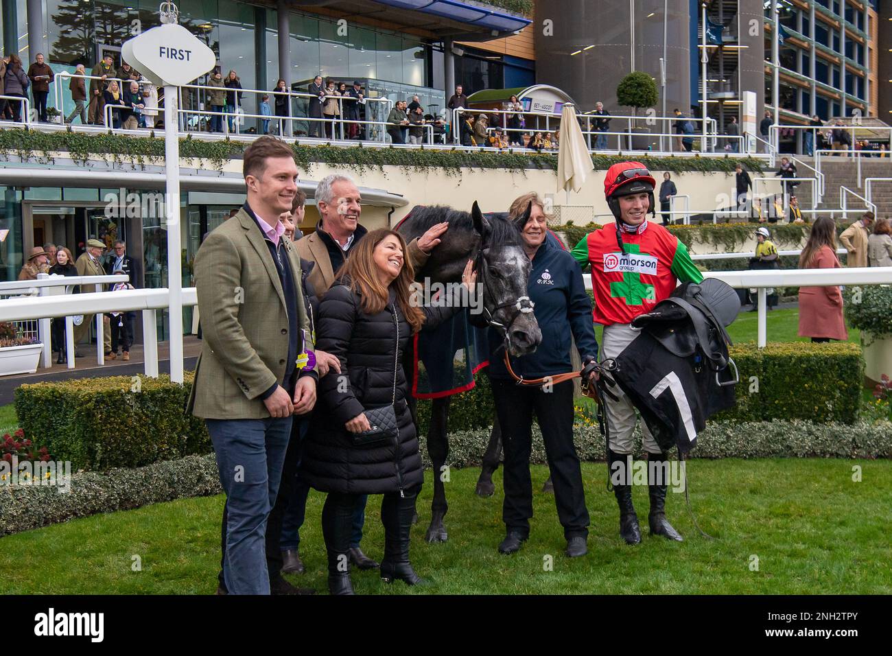 Ascot, Berkshire, UK. 18th February, 2023. Horse Irish Hill ridden by jockey Harry Cobden wins the Ascot Racecourse Supports Box4Kids Handicap Hurdle Race on the Betfair Ascot Chase Raceday at Ascot Racecourse. Horse Owner Sir Martin Broughton & Friends. Trainer Paul Nicholls, Ditcheat. Breeder Gestut Hachtsee. Sponsor Morson Group. Credit: Maureen McLean/Alamy Stock Photo