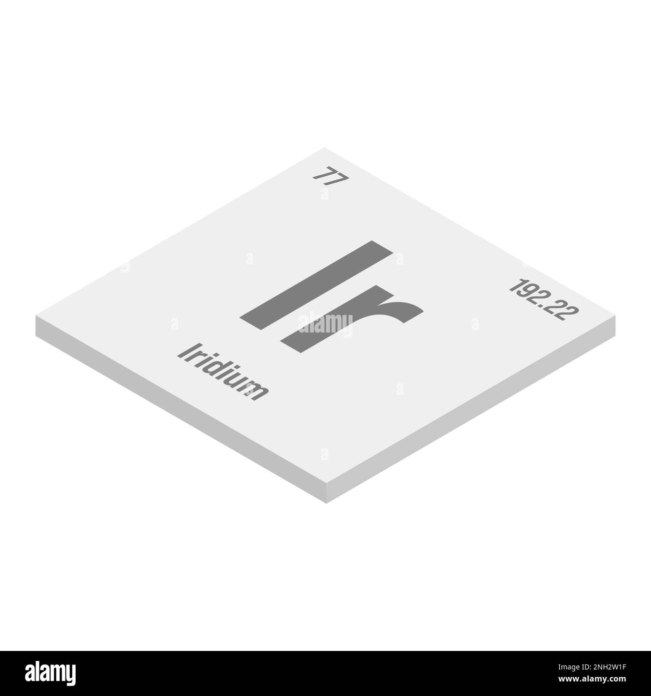 Iridium, Ir, gray 3D isometric illustration of periodic table element with name, symbol, atomic number and weight. Transition metal with various industrial uses, such as in spark plugs, electronics, and as a component of certain alloys. Stock Vector
