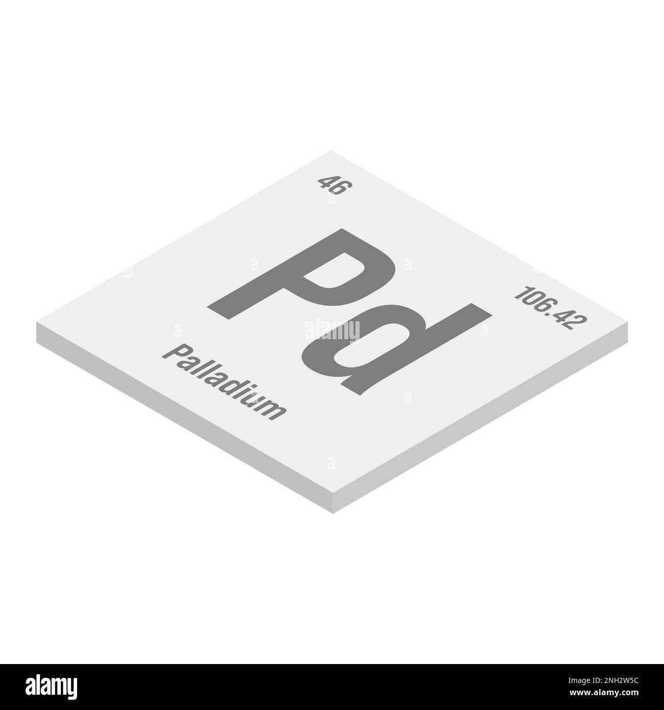 Palladium, Pd, gray 3D isometric illustration of periodic table element with name, symbol