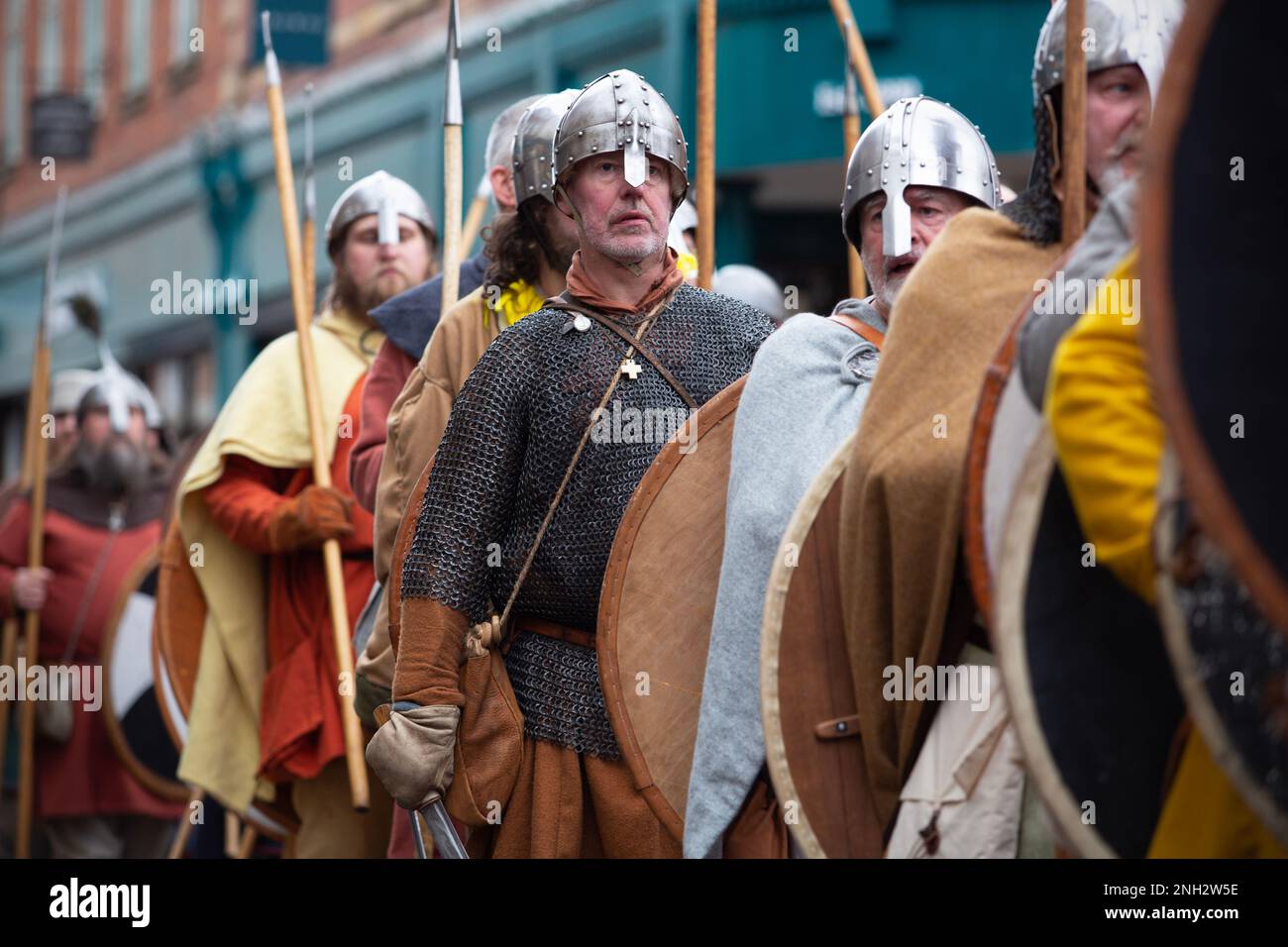 Hundreds of Viking warriors march through the city of York in North