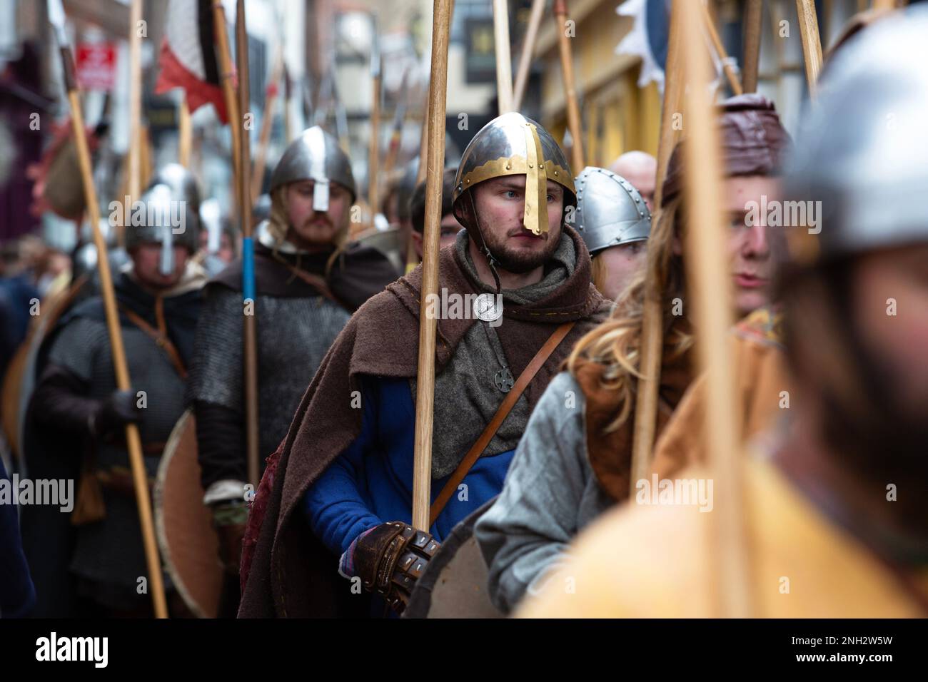 Hundreds of Viking warriors march through the city of York in North