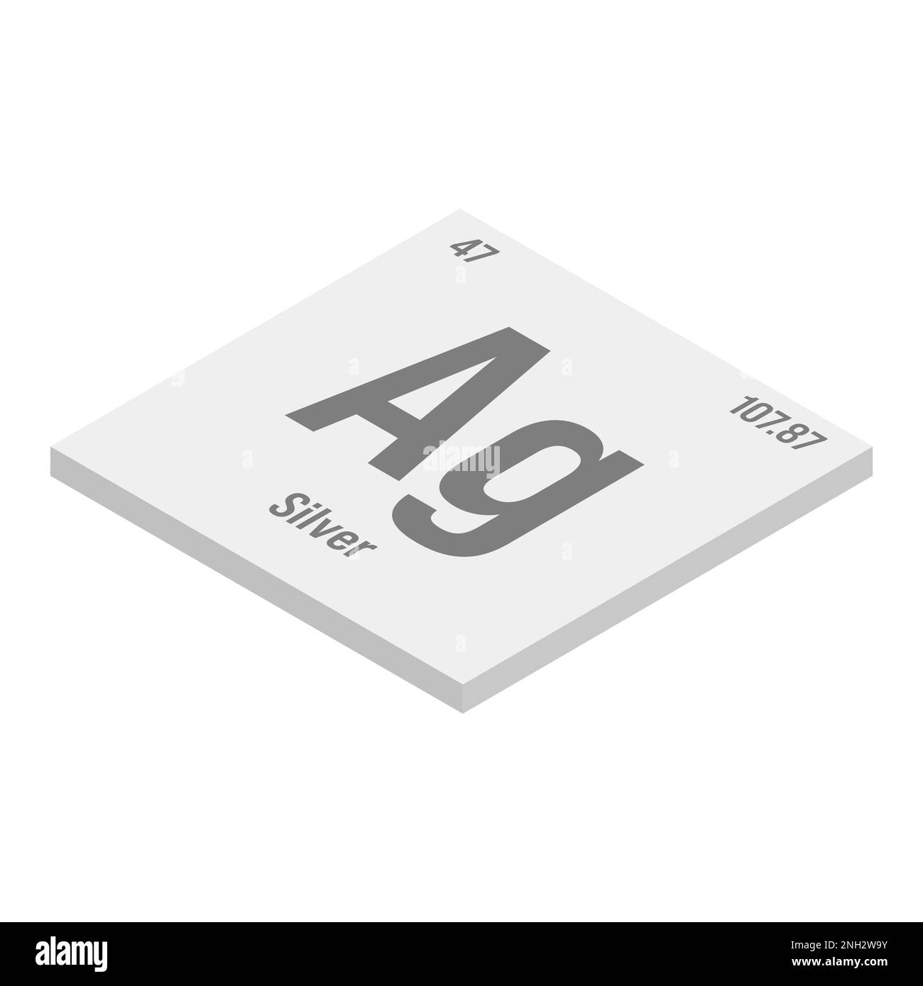Silver, Ag, gray 3D isometric illustration of periodic table element with name, symbol, atomic number and weight. Transition metal with various industrial uses, such as in jewelry, coins, and as a component in certain types of medical devices. Stock Vector