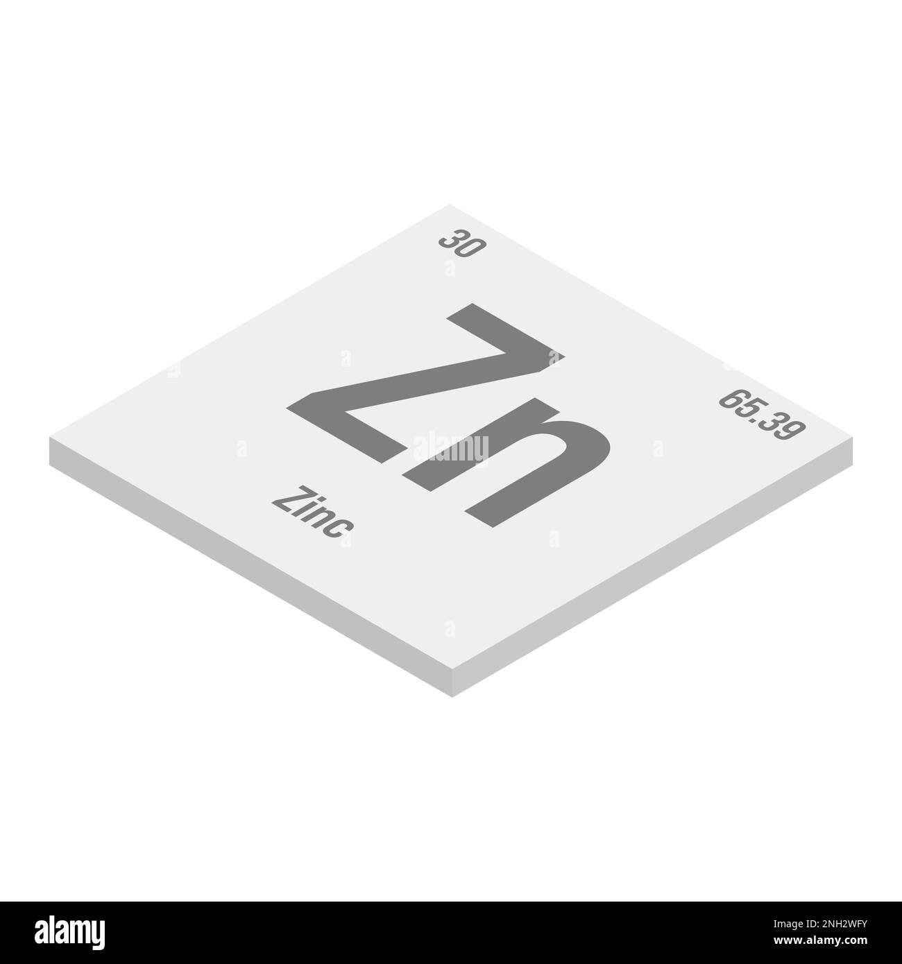 Zinc, Zn, gray 3D isometric illustration of periodic table element with