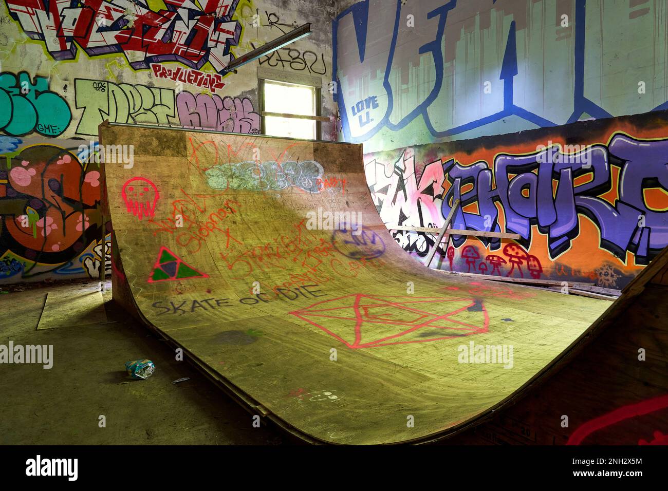 A large sunlit plywood skateboard ramp surrounded by walls covered in