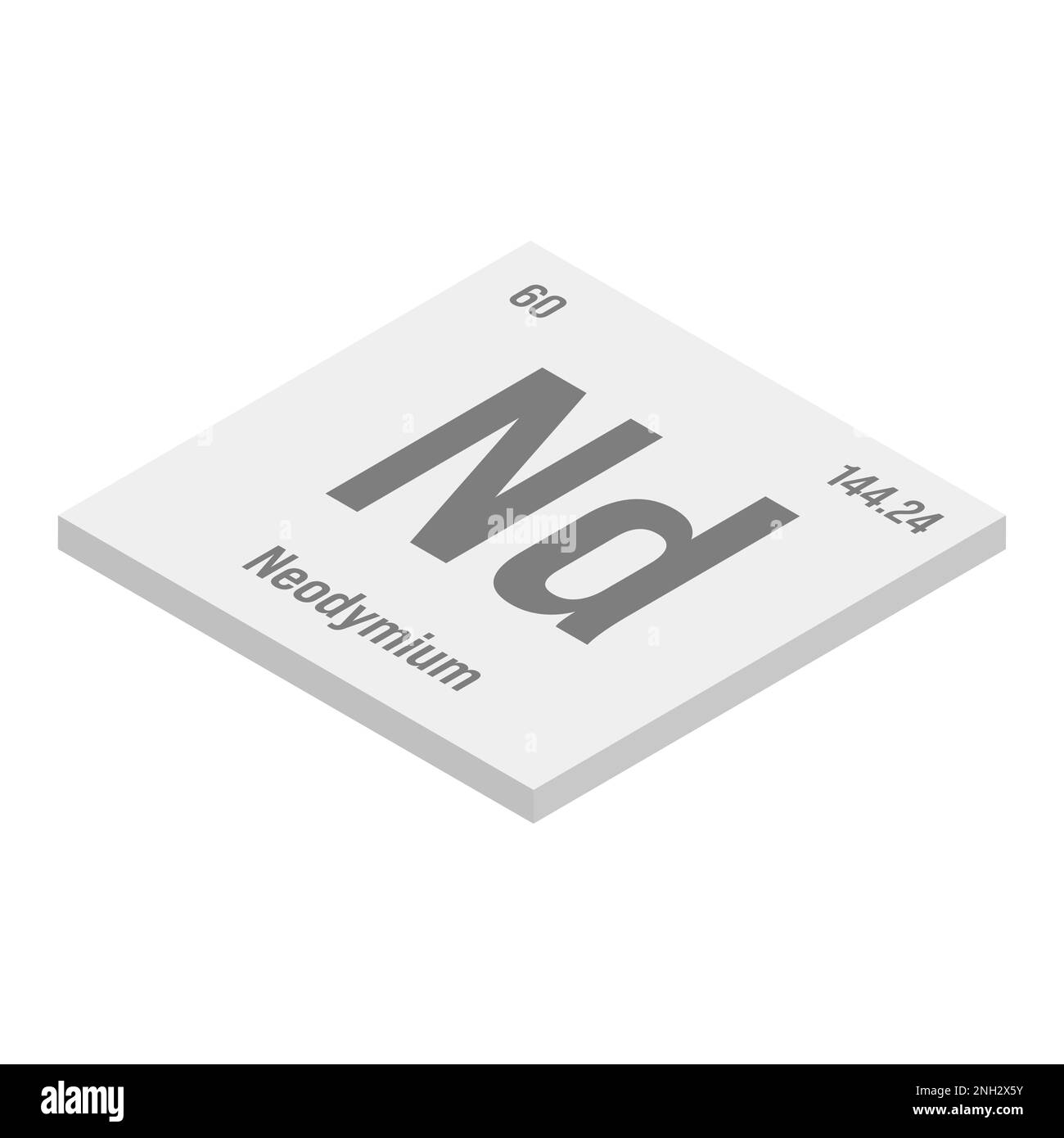 Neodymium, Nd, gray 3D isometric illustration of periodic table element with name, symbol, atomic number and weight. Rare earth metal with various industrial uses, such as in magnets, lasers, and as a component in certain types of glass. Stock Vector