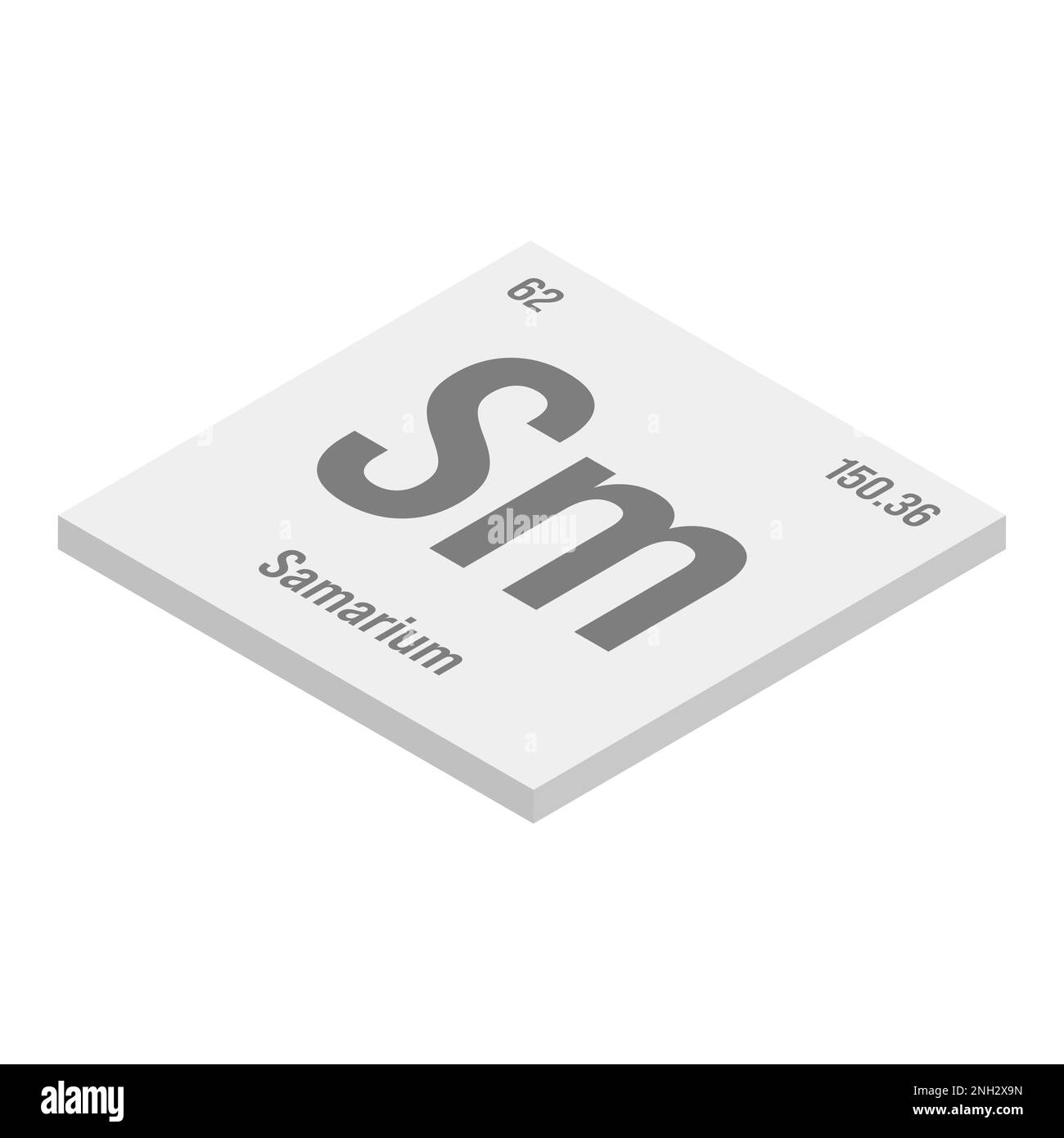 Samarium, Sm, gray 3D isometric illustration of periodic table element with name, symbol, atomic number and weight. Rare earth metal with various industrial uses, such as in magnets, lighting, and as a component in certain types of glass. Stock Vector