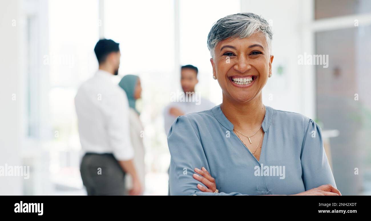 Face of a senior business woman proud and happy with company values, mission and inclusion culture in office. Workplace, corporate and smile of Stock Photo