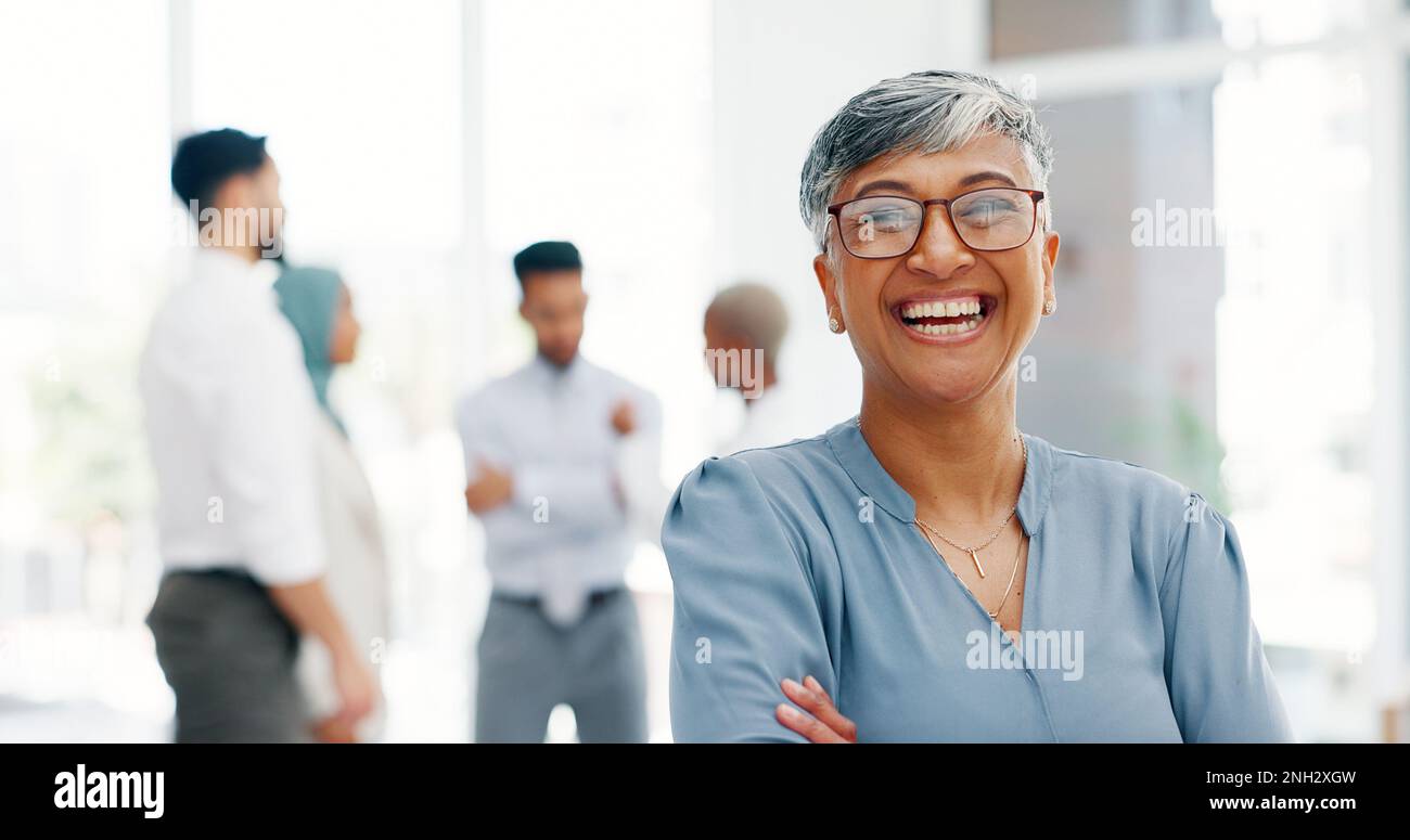 Face of a senior business woman proud and happy with company values, mission and inclusion culture in office. Workplace, corporate and smile of Stock Photo