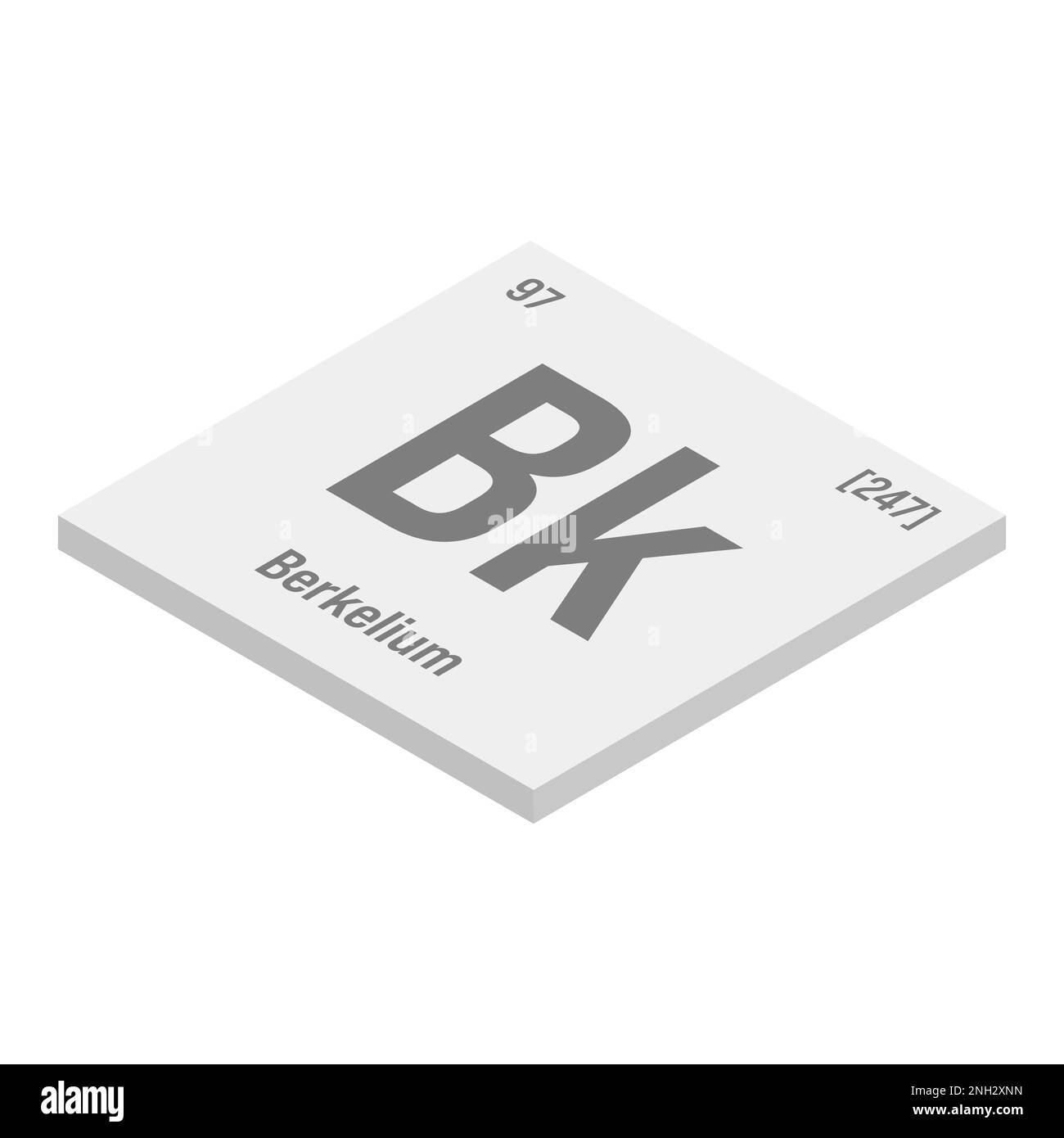 Berkelium, Bk, gray 3D isometric illustration of periodic table element with name, symbol, atomic number and weight. Synthetic radioactive element with potential uses in scientific research and nuclear power. Stock Vector