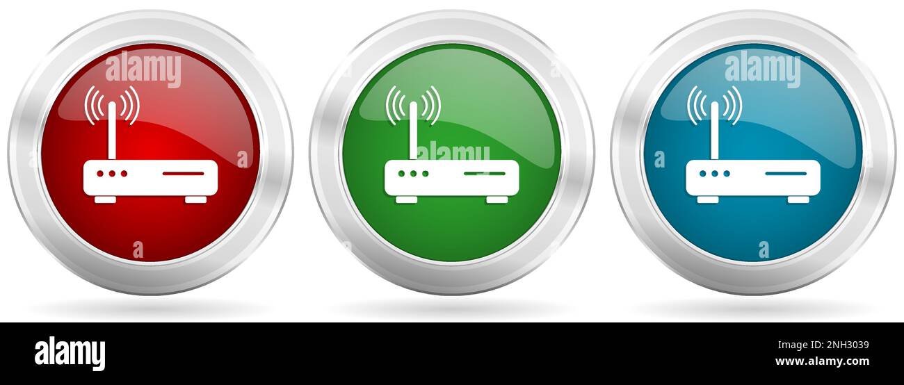 Wifi, router vector icon set. Red, blue and green silver metallic web ...