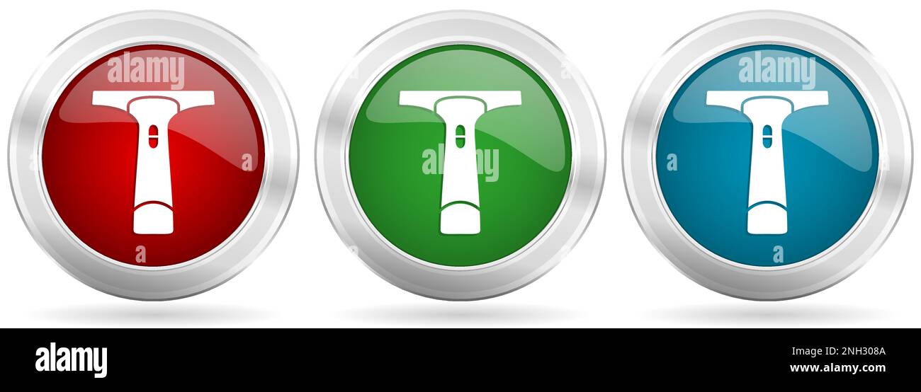 Window vacuum cleaner vector icon set. Red, blue and green silver ...