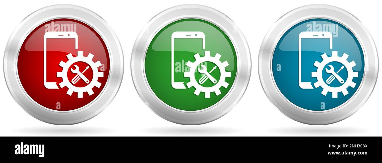 Mobile phone, smartphone service vector icon set. Red, blue and green ...