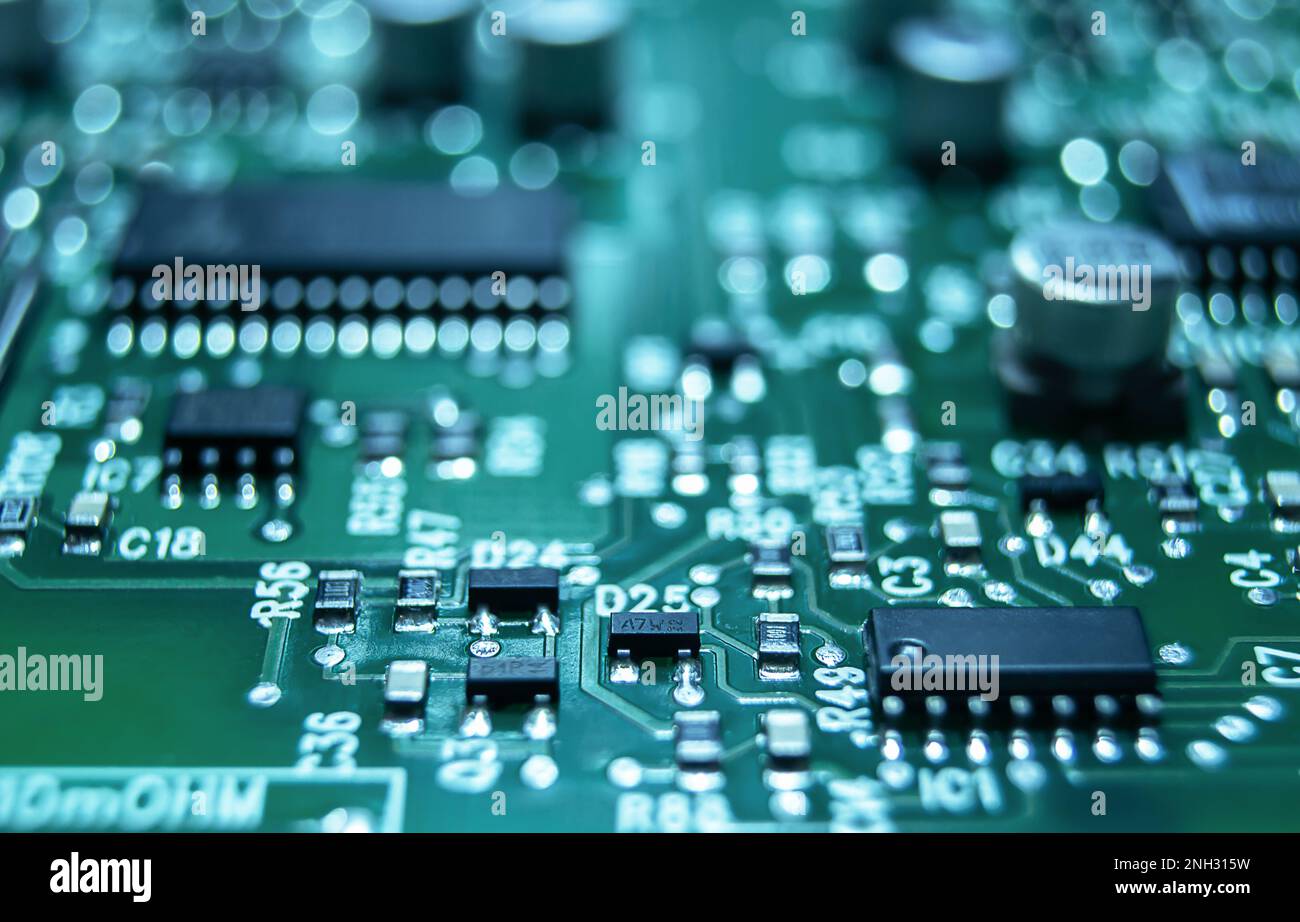Closeup of Printed Circuit Board with processor, integrated circuits