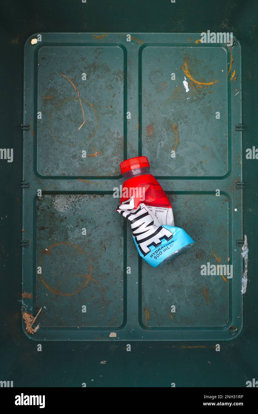 Crushed empty bottle of the viral craze Prime hydration drink in