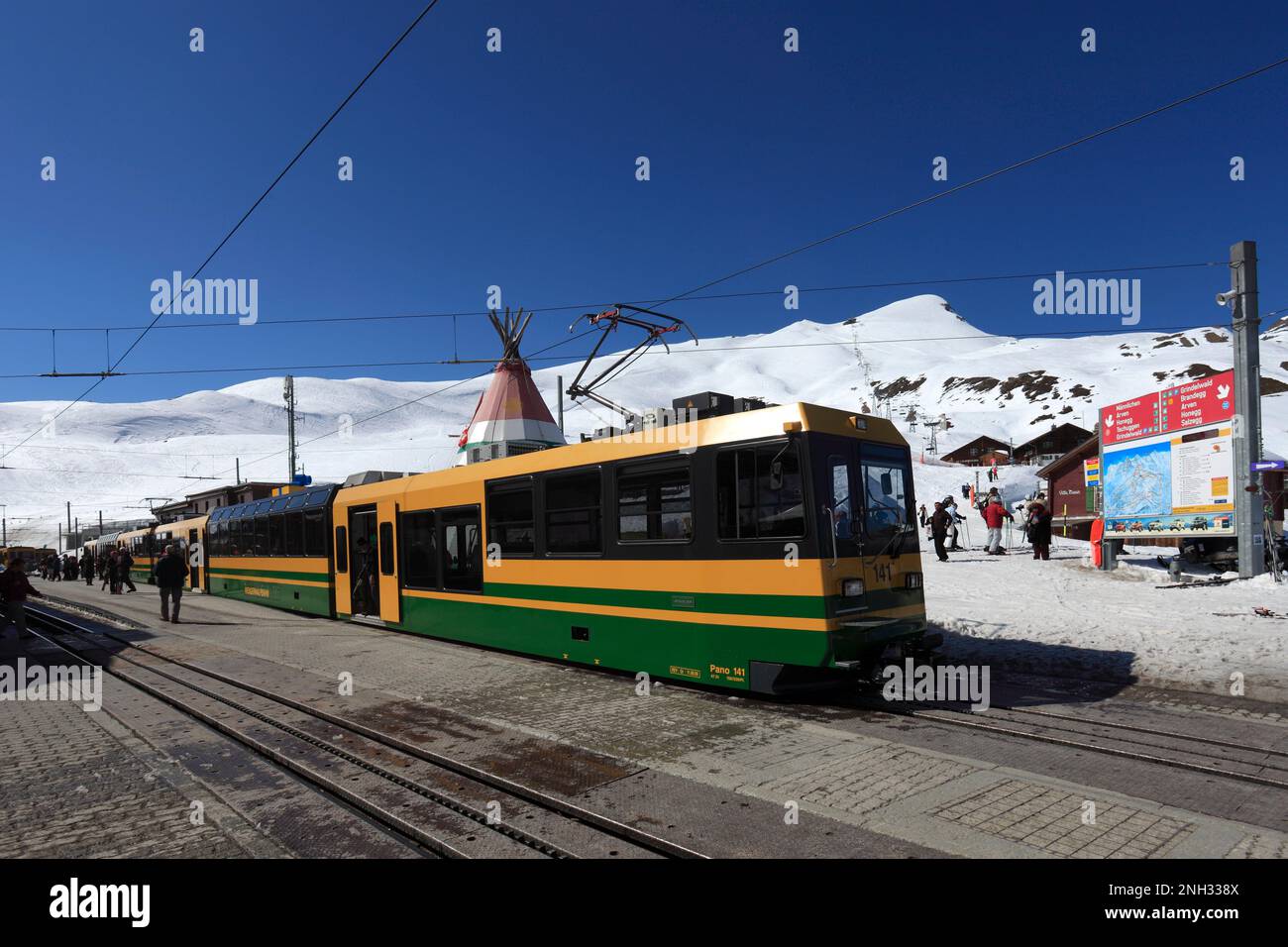 Jungfraubahn trains in the station at the ski resort of Kleine Scheidegg , Swiss Alps, Jungfrau - Aletsch; Bernese Oberland; Switzerland; Europe Stock Photo