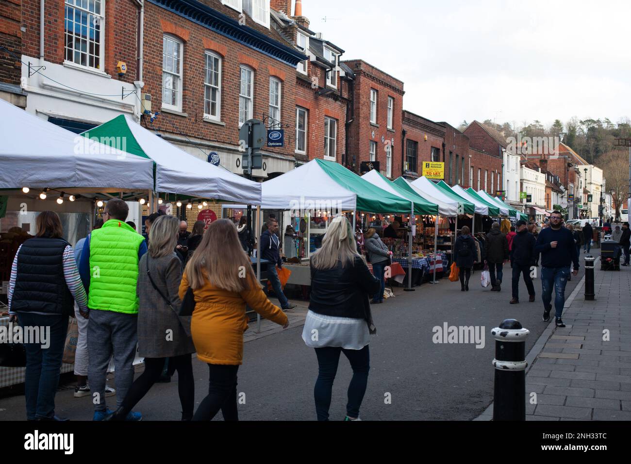 Market stalls on a busy day in Winchester Town Centre in Hampshire, UK