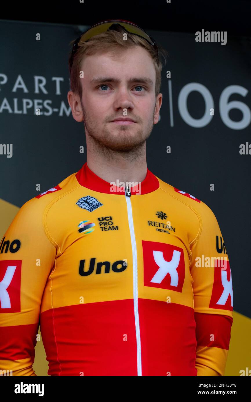 Idar Andersen of (Uno-X Pro Cycling Team) seen during the presentation round before the start of second stage of 2023 Tour des Alpes Maritimes et du Var. The second stage of the Tour des Alpes-maritimes et du Var 2023 starts in Mandelieu la Napoule and will reach Antibes after 179, 4 km of racing. The leader's yellow jersey after the first stage is worn by Frenchman Kevin Vauquelin (team Arkea Samsic) who is ahead of Neilson Powless (team EF Education - EasyPost) at 09 seconds and Kevin Geniets (team Groupama-fdj) in third place at 11 seconds. Stock Photo