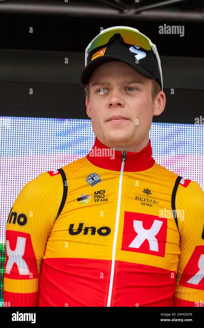 Adne Holter of (Uno-X Pro Cycling Team) seen during the presentation round before the start of second stage of 2023 Tour des Alpes Maritimes et du Var. The second stage of the Tour des Alpes-maritimes et du Var 2023 starts in Mandelieu la Napoule and will reach Antibes after 179, 4 km of racing. The leader's yellow jersey after the first stage is worn by Frenchman Kevin Vauquelin (team Arkea Samsic) who is ahead of Neilson Powless (team EF Education - EasyPost) at 09 seconds and Kevin Geniets (team Groupama-fdj) in third place at 11 seconds. Stock Photo