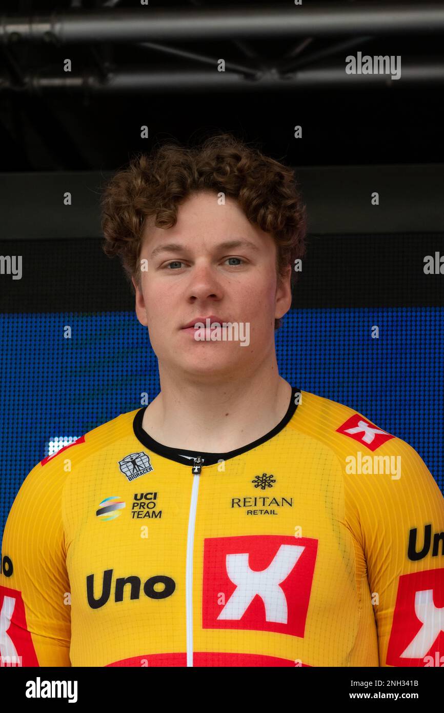 Jonas Abrahamsen of (Uno-X Pro Cycling Team) seen during the presentation round before the start of second stage of 2023 Tour des Alpes Maritimes et du Var. The second stage of the Tour des Alpes-maritimes et du Var 2023 starts in Mandelieu la Napoule and will reach Antibes after 179, 4 km of racing. The leader's yellow jersey after the first stage is worn by Frenchman Kevin Vauquelin (team Arkea Samsic) who is ahead of Neilson Powless (team EF Education - EasyPost) at 09 seconds and Kevin Geniets (team Groupama-fdj) in third place at 11 seconds. Stock Photo