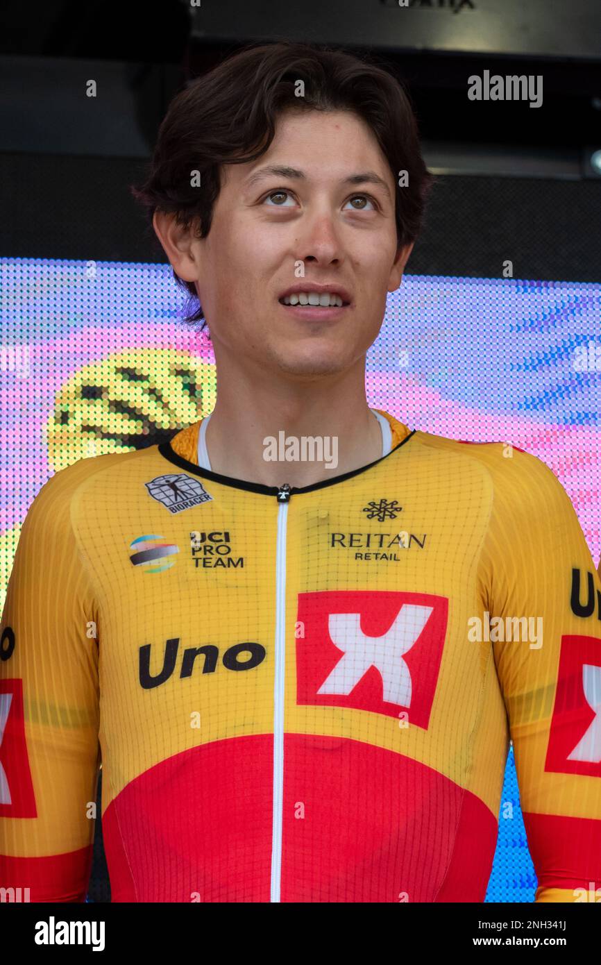 Torstein Træen of (Uno-X Pro Cycling Team) seen during the presentation round before the start of second stage of 2023 Tour des Alpes Maritimes et du Var. The second stage of the Tour des Alpes-maritimes et du Var 2023 starts in Mandelieu la Napoule and will reach Antibes after 179, 4 km of racing. The leader's yellow jersey after the first stage is worn by Frenchman Kevin Vauquelin (team Arkea Samsic) who is ahead of Neilson Powless (team EF Education - EasyPost) at 09 seconds and Kevin Geniets (team Groupama-fdj) in third place at 11 seconds. Stock Photo