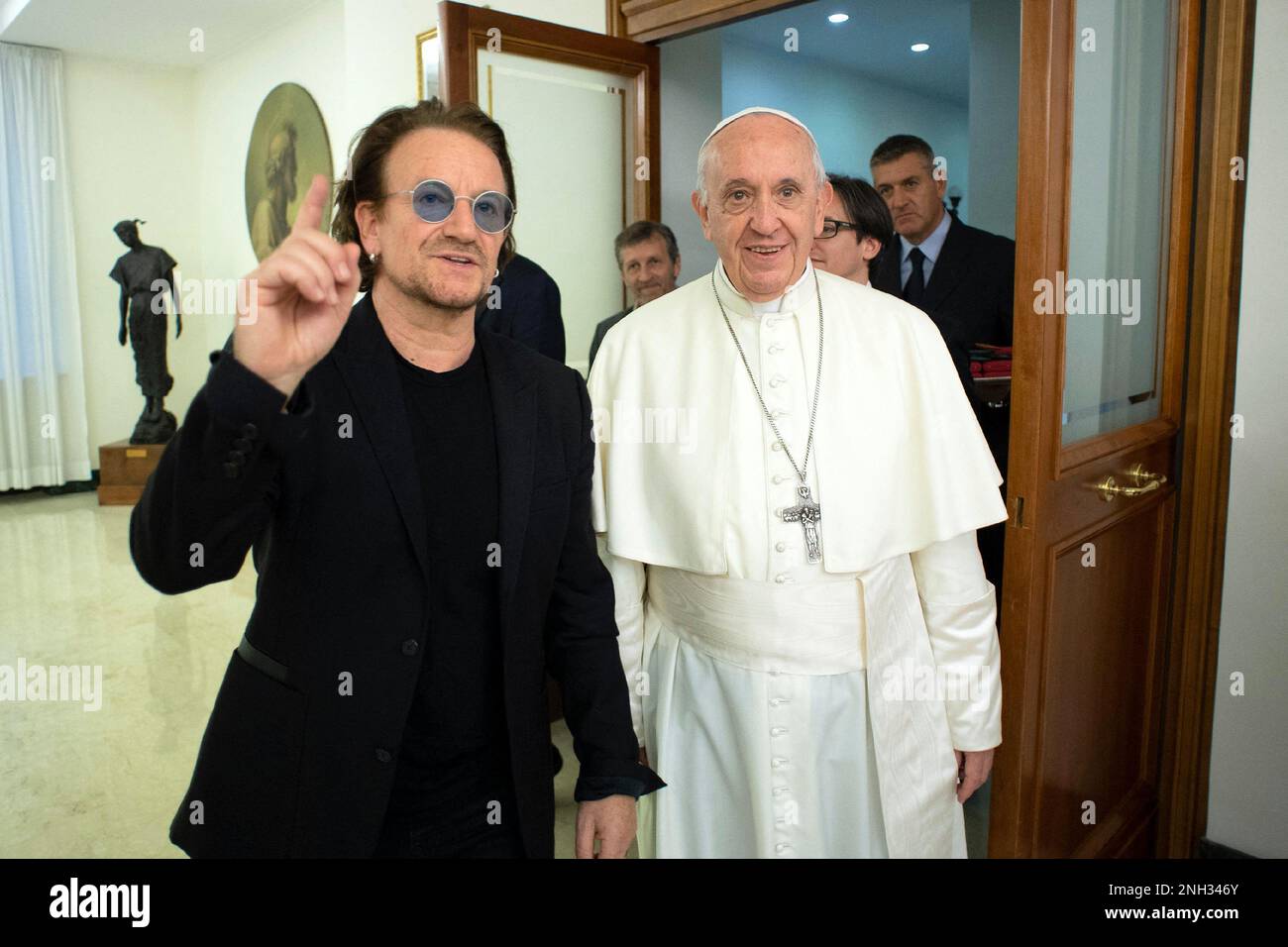 U2 front man Bono Vox meets pope Francis during a private audience at the Vatican on September 19, 2018. Bono said they ‘let the conversation go where it wanted to go,’ discussing ‘big themes,’ such as the future of commerce and how it might serve sustainable development goals. - Pope Francis will celebrate his 10th anniversary of pontificate on March 13. Photo by Eric Vandeville/ABACAPRESS.COM Stock Photo