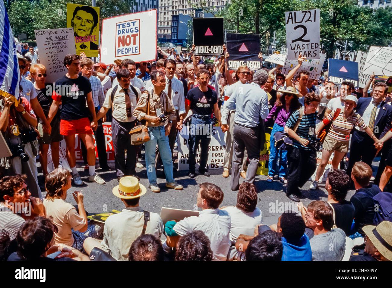 New York City, NY, USA, Large Crowd People, AIDS Activist Protest, Demonstration, Gay Pride, activists young Teens on Street, Act Up-New York, Sitting Down, Holding Signs, Archive Photo, 1980s new york Stock Photo