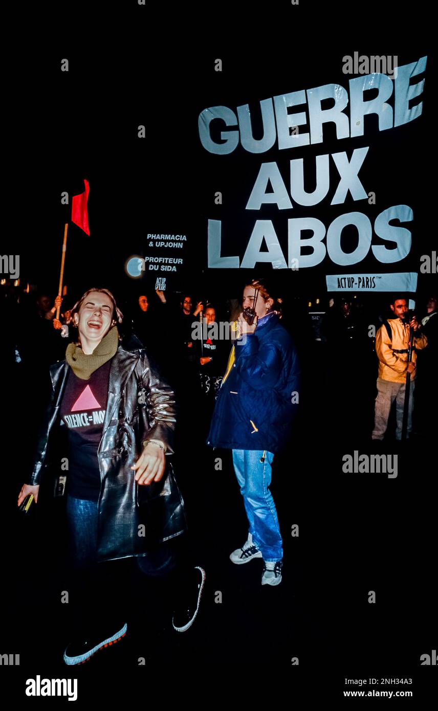 Paris, France, Act Up Paris NGO Marching World AIDS Day, Dec. 1,  Anti Big Pharma Slogans, Emmanuelle Cosse, Woman Demonstration, Night Stock Photo