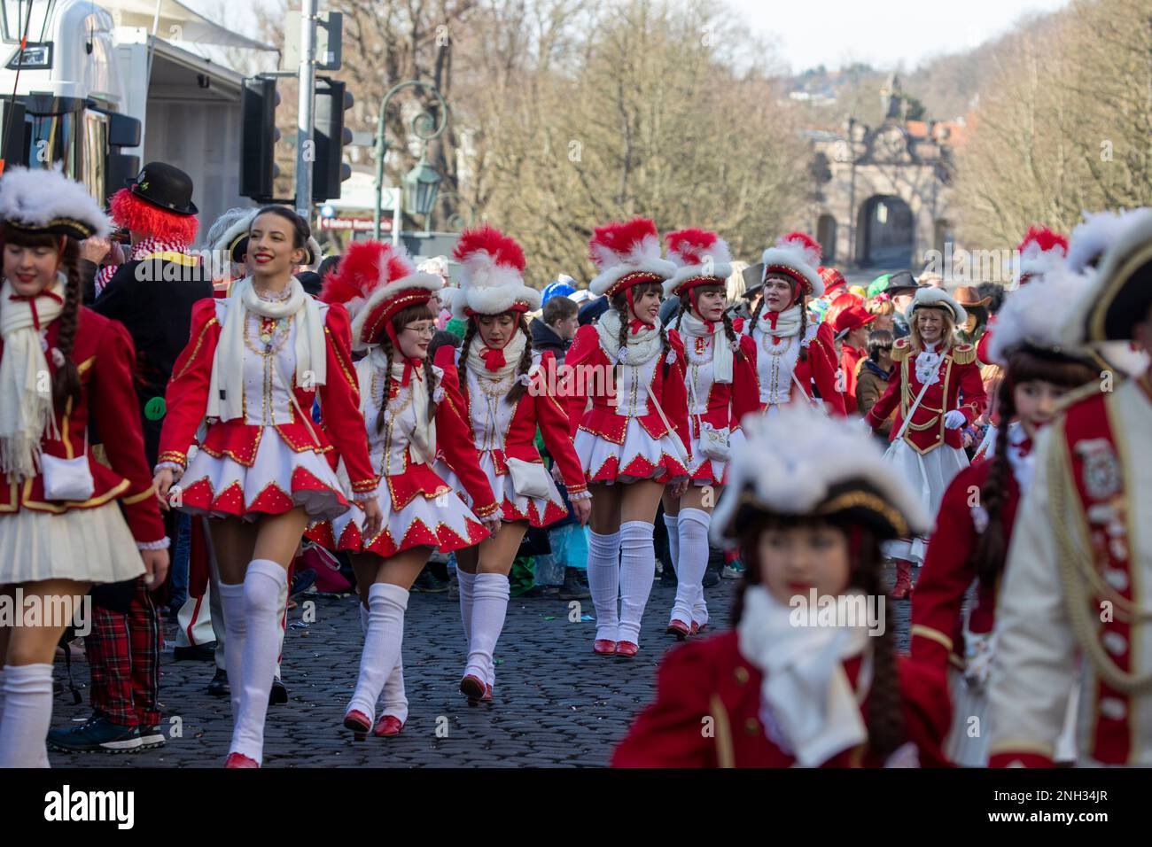 Fulda, Germany. 20th Feb, 2023. Funkenmariechen take part in Hesse's ...