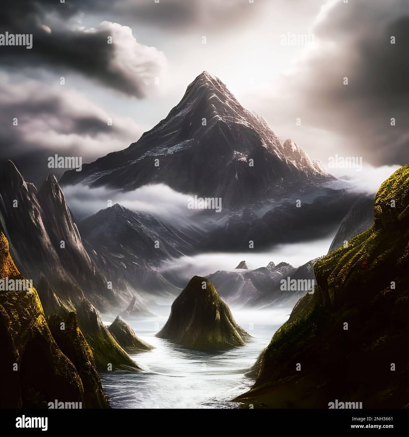 Majestic mountain range depiction. Edited AI generated image Stock Photo