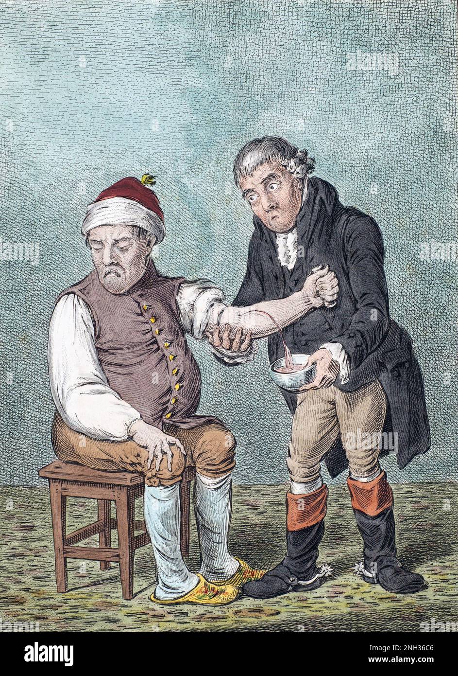 Breathing a Vein.  Bloodletting was a standard practice from antiquity until the late 19th century.  The practice was supposed to prevent illnesses or cure diseases, but more often than not the patient's health deteriorated.  After a work by James Gillray. Stock Photo