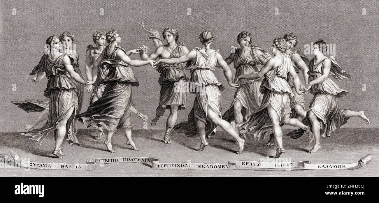 Apollo dancing with his nine Olympian Muses:  Calliope, Clio, Erato, Euterpe, Melpomene, Polyhymnia, Terpsichore, Thalia, and Urania.  After an engraving by Henry Marais from a painting by Giulio Romano. Stock Photo