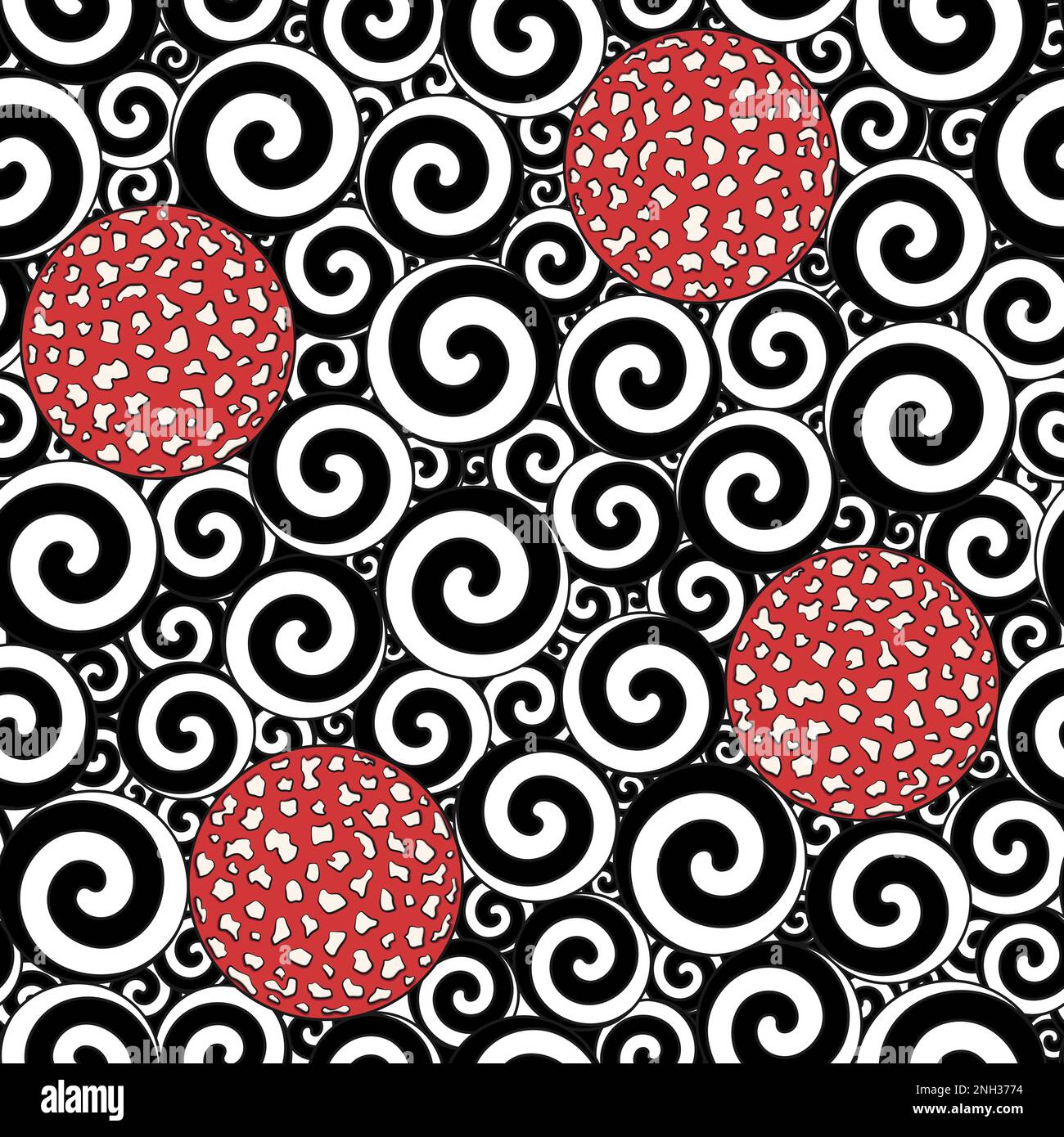 Seamless pattern with black and white swirls and caps of fly agaric mushroom. Color vector background. Stock Vector
