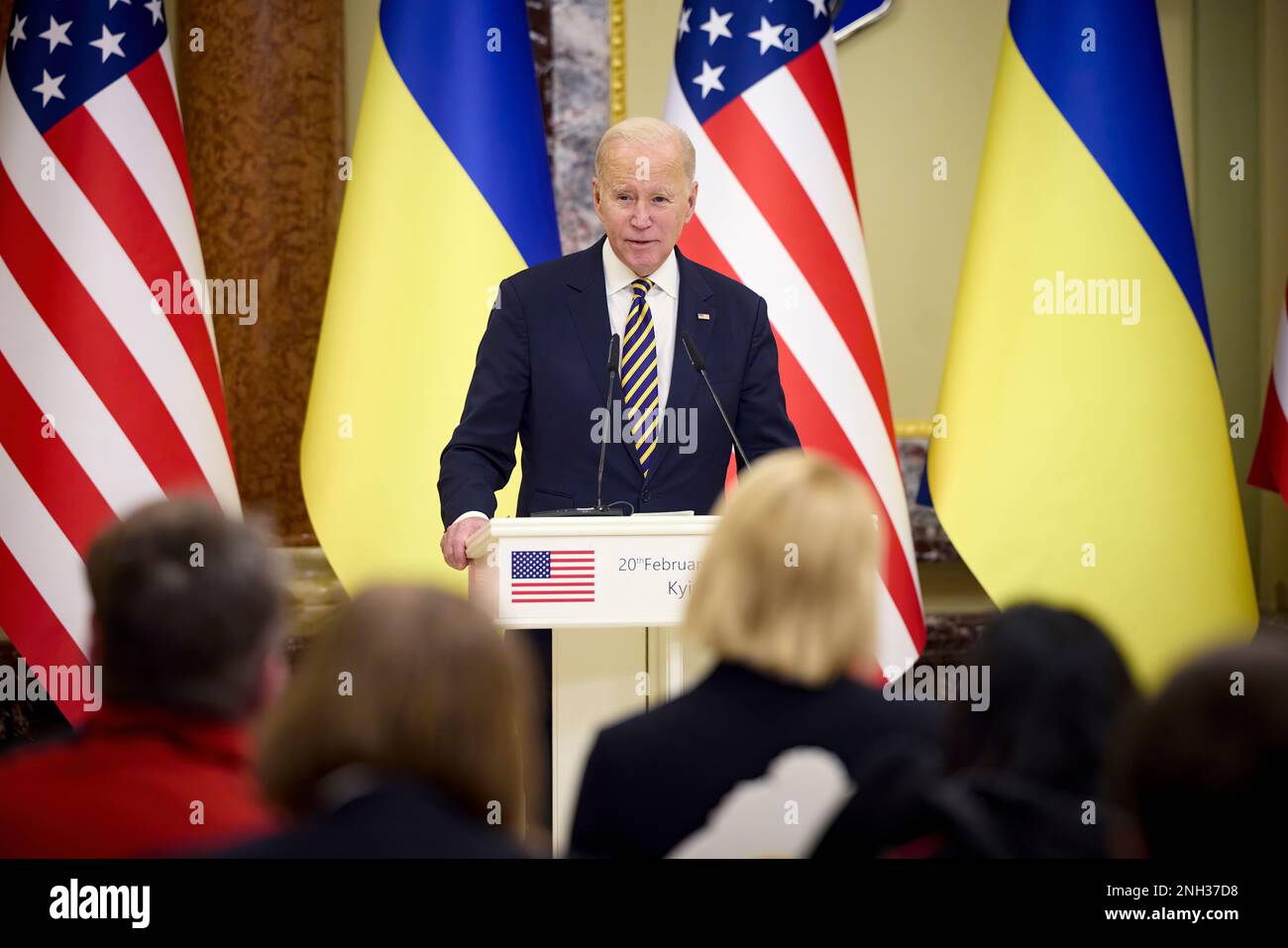 KYIV, UKRAINE - February 20, 2023 -U.S. President JOE BIDEN made a 10 hour long train ride from Poland to the Ukraine capitol of Kyiv where he met with Ukraine President VOLODYMYR ZELENSKY. Biden’s “under the radar” visit was to reaffirm the United States commitment for the Ukraine war effort and eventual peace in the region. In Kyiv, President Biden announced a new delivery of critical equipment for Ukraine. This package includes artillery ammunition, anti-armor systems, and air surveillance radars to help protect the Ukrainian people from aerial bombardments. Photo: Ukraine Presidents Office Stock Photo