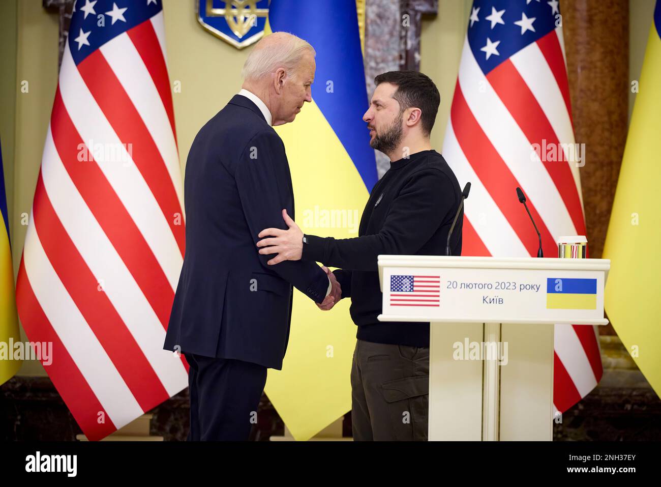 KYIV, UKRAINE - February 20, 2023 -U.S. President JOE BIDEN made a 10 hour long train ride from Poland to the Ukraine capitol of Kyiv where he met with Ukraine President VOLODYMYR ZELENSKY. Biden’s “under the radar” visit was to reaffirm the United States commitment for the Ukraine war effort and eventual peace in the region. In Kyiv, President Biden announced a new delivery of critical equipment for Ukraine. This package includes artillery ammunition, anti-armor systems, and air surveillance radars to help protect the Ukrainian people from aerial bombardments. Photo: Ukraine Presidents Office Stock Photo