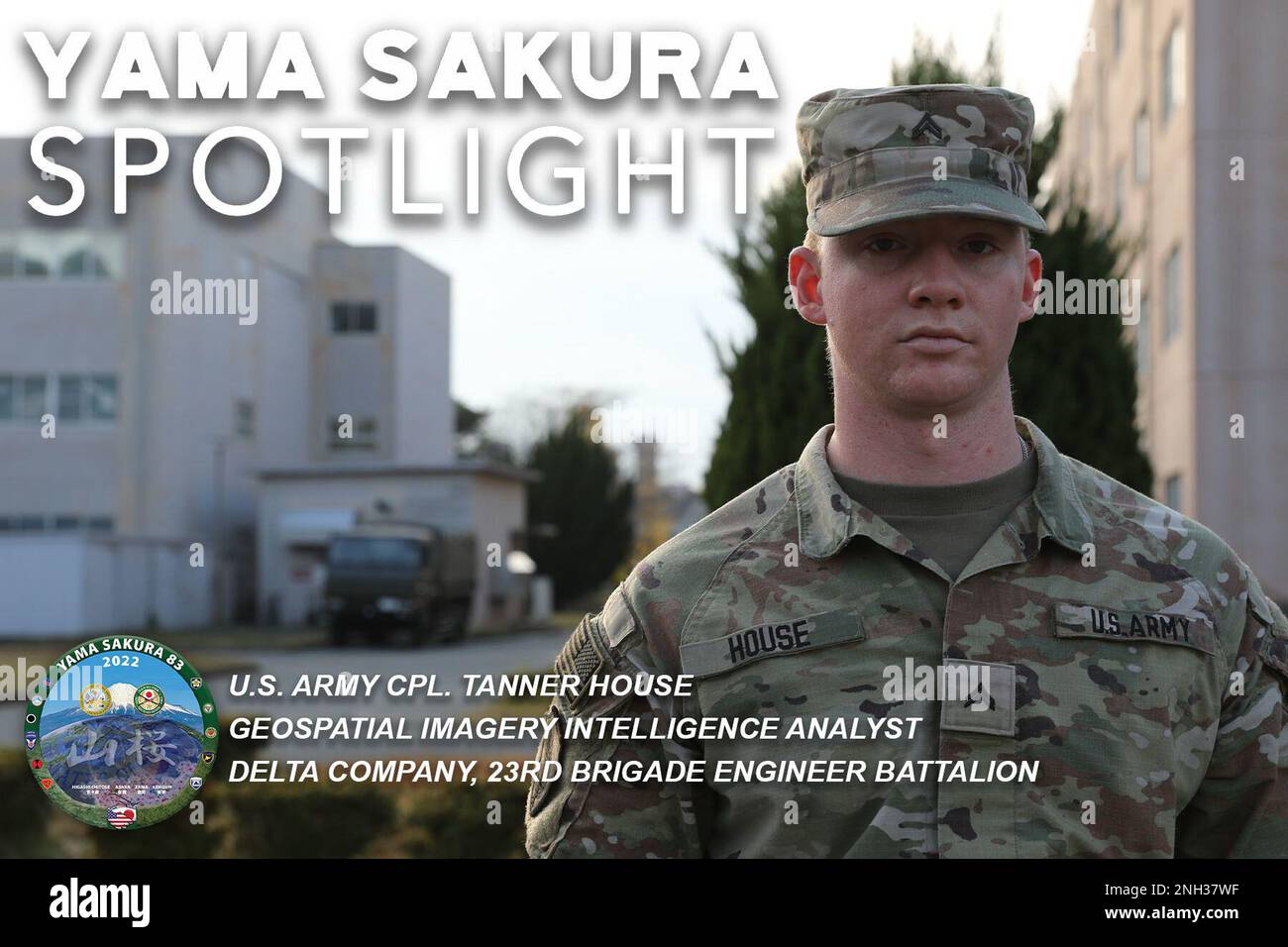 Cpl. Tanner House is a Geospatial Imagery Intelligence Analyst with Delta Company, 23rd Brigade Engineer Battalion. “Yama Sakura has been a very interesting experience for me. Building a relationship with my counterpart has been awesome. Truly is fulfilling working alongside someone who shares my passion and enjoys putting forth their best effort as well.” Stock Photo