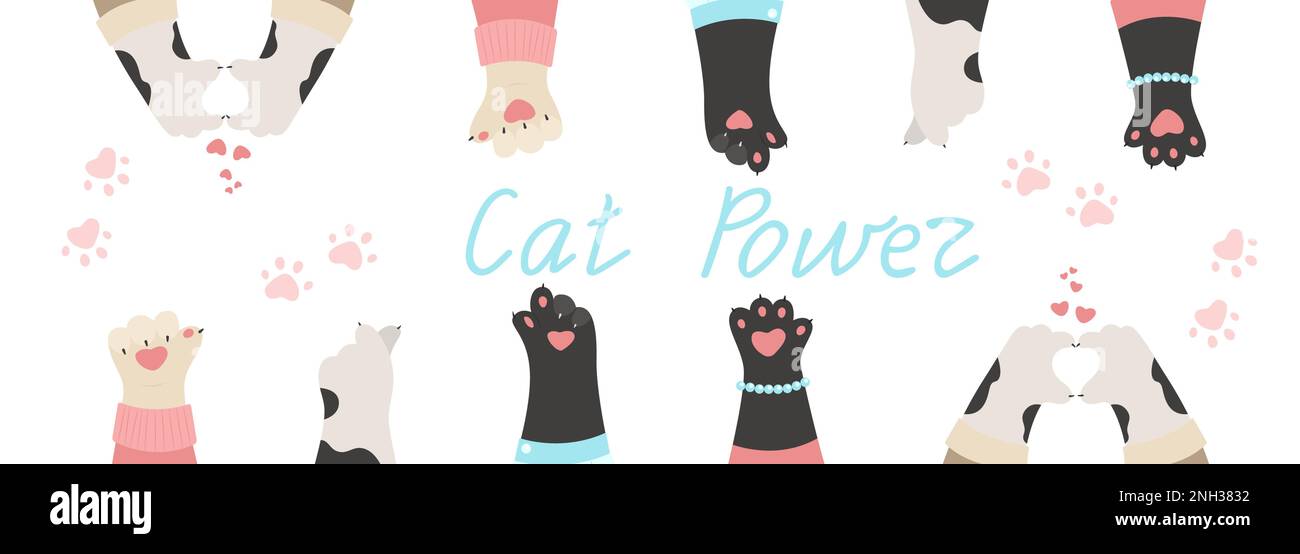 Horizontal banner with cat paws, heart finger gestures, vector flat illustration. Funny paws of animals Stock Vector