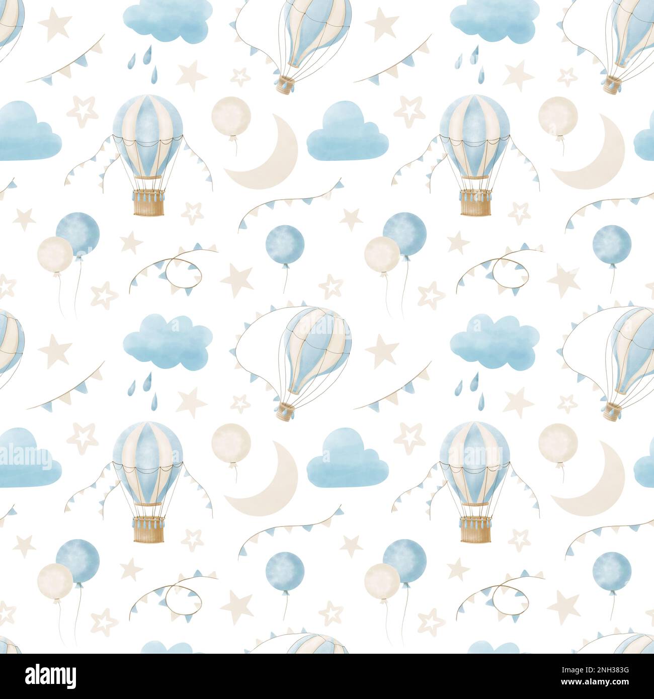 Baby Pattern with hot Air Balloons, Clouds and moon in the sky ...