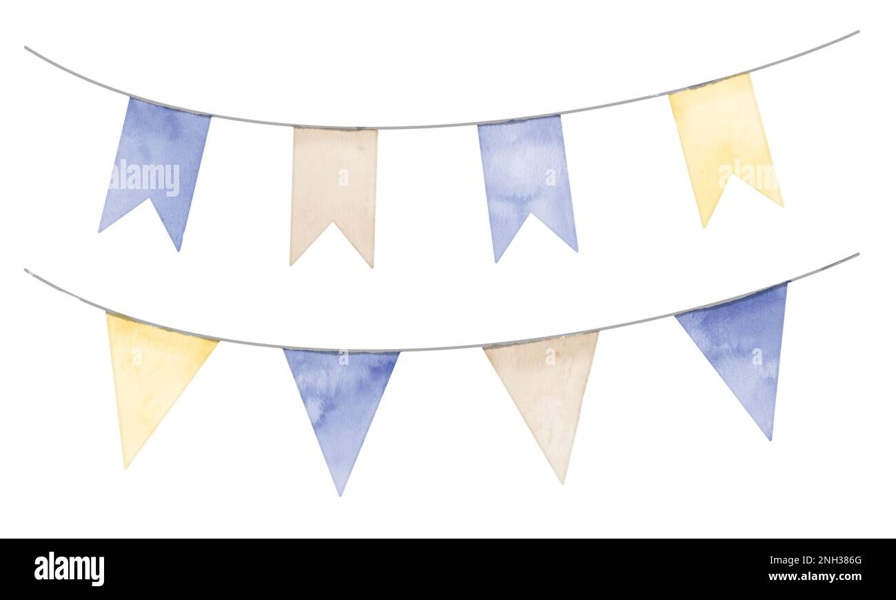 Watercolor party Garlands with triangle flags on isolated background. Hand drawn set of Pennants in pastel yellow and blue colors. Hanging for celebration. Colorful illustration for happy birthday. Stock Photo